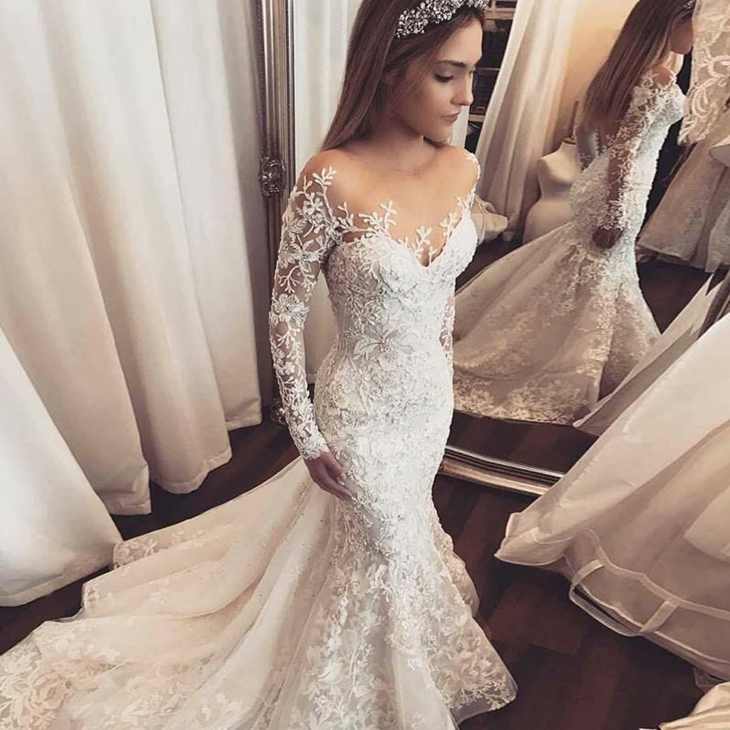 Beaded Lace Illusion Long Sleeve Princess Wedding Gown - Lunss